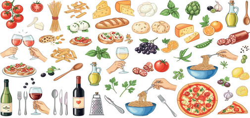  Italian food cooking eatery illustration, vector hand drawn watercolor diner table object pasta. Traditional meal lunch kitchen clipart set wine bottle, different cheese, tomatoes. Italian food poste