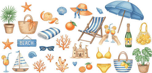  Italian summer sticker set, Sicilian vacation watercolor illustration, Amalfi lemon pint vector kit. Beach lounger, mediterranean weekend picnic, Aperol cocktail glass, sand castle. Italian summer.