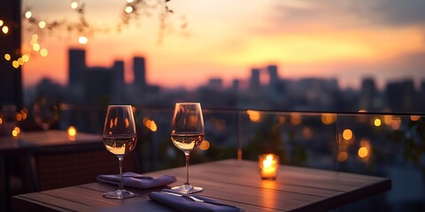 modern rooftop restaurant at sunset, overlooking a vibrant city skyline, focus on foreground table with wine glasses and candlelight
