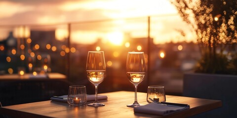 modern rooftop restaurant at sunset, overlooking a vibrant city skyline, focus on foreground table with wine glasses and candlelight