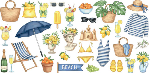  Italian summer sticker set, vector watercolor Sicilian vacation illustration, Amalfi lemon pint kit. Beach lounger, mediterranean weekend picnic, wine glass, swimming suit bikini. Italian summer.
