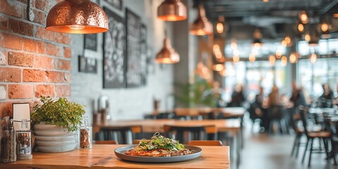 Trendy loft-style restaurant interior, exposed brick walls , a wooden dining table in sharp focus with a gourmet dish,