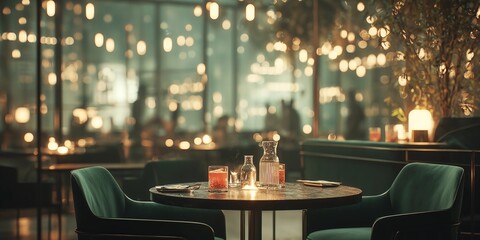 Intimate underground restaurant with cocktail in sharp focus with condensation details