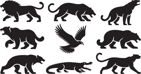 Panther and Wildcat Silhouettes Vector Set with Eagle and Crocodile – Predator Animal Collection on White Background