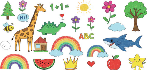 Kids drawing illustration, vector children color pencil naive doodle set, cute cartoon animals. Kindergarten funny wax crayon sketch, giraffe, crocodile, shark, rainbow, flower. Kids drawing clipart.