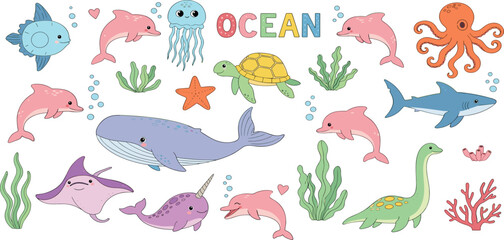 Kids doodle ocean animal set, vector hand drawn childish underwater scribble, cute cartoon dolphin. Naive baby nature sea sticker, colorful pencil illustration, whale, turtle, fish. Kids doodle design