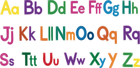 Kindergarten kids alphabet, hand drawn chalk scribble font, cartoon cute childish ABC letter print. Playful wax crayon scratch graffiti, colorful pencil education decor. School kids alphabet design.