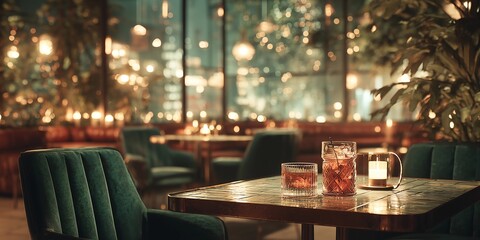Intimate underground restaurant with cocktail in sharp focus with condensation details