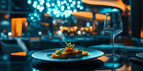 High-end futuristic restaurant with plated dish in extreme foreground focus