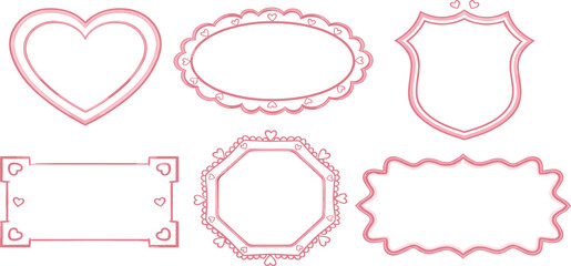  Love doodle frame set, vector watercolor cute Valentine day border, pink heart wedding card design. Hand drawn elegant minimal decor collection, romantic shield. Coquette love frame invitation print.