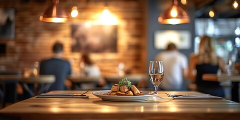 Trendy loft-style restaurant interior, exposed brick walls , a wooden dining table in sharp focus with a gourmet dish,