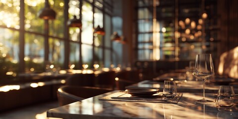 modern restaurant interior, soft golden hour light streaming through floor-to-ceiling windows, elegant marble tables with polished cutlery,