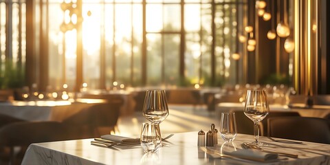 modern restaurant interior, soft golden hour light streaming through floor-to-ceiling windows