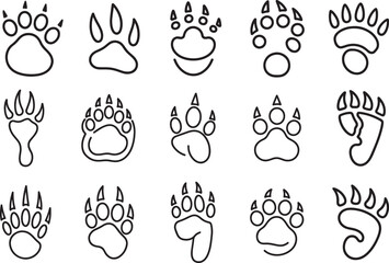 Obraz premium Vector Collection of Wild Animal Paw Prints Including Bear, Wolf, Big Cat, and Dog Footprints in Clean Outline Style