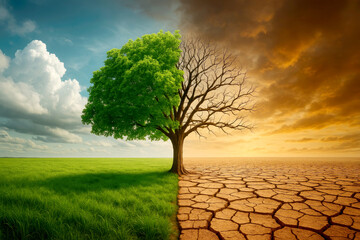 Visual Representation of Contrasting Ecosystems Showcasing the Effects of Climate Change With Vibrant Greenery on One Side and Barren Land on the Other