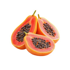 Sliced Papaya Fruit: Three vibrant slices of papaya, showcasing their juicy orange flesh and clusters of black seeds, presented in a clean composition.