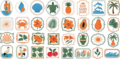 Summer beach tropical travel stamp, vector hand drawn ocean surf print set, coastal postage design. Exotic flowers fruit silhouette, vintage Hawaii island tourism symbol. Travel stamp retro graphic