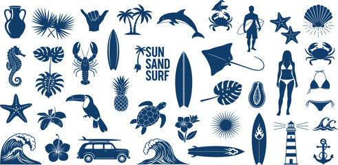 Summer surf set, vector hand drawn tropical vacation graphic, exotic island logo print, dolphin, sun. Ocean wave silhouette, Hawaii plants flowers sticker, palm tree. Coastal summer surf t-shirt decor