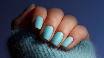 Close-up of a person's hand with their fingers slightly spread apart. the nails are painted with a light blue nail polish and have a glossy finish.