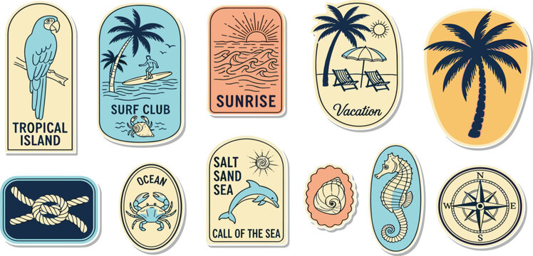 Summer ocean beach sticker set, vector engraving retro tropical sea label exotic vintage logo kit. Hand drawn postage tourism travel badge surf club sign, coastal marine design element. Summer sticker