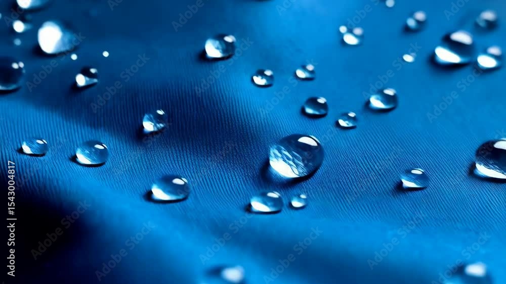 Poster macro shot of water droplets on blue fabric, creating a shimmering texture and abstract surface with