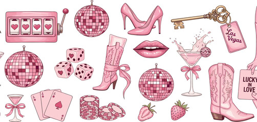  Vegas bachelorette party set, vector hand drawn watercolor cowgirl disco collection pink lips, keys. Casino cocktail club print woman legs, cowboy boots, bet chips, lucky love sign