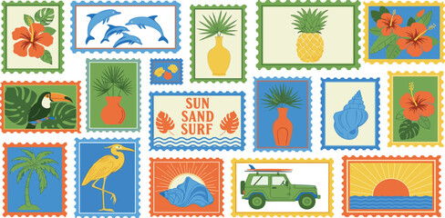 Tropical summer seamless pattern, vector exotic Hawaii decoration print, ocean surf vintage texture. Abstract nature travel ornamental postal stamp background,