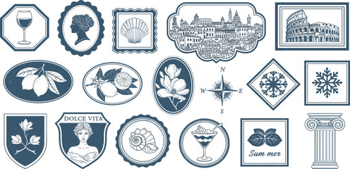 Vintage logotype Italian print set, travel postcard vector stamp, grunge summer engraving logo kit. Antique scrapbook element design, elegant texture Sicilian fruit badge