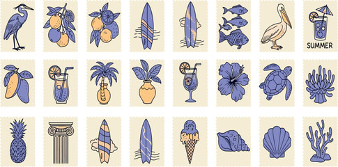 Tropical summer vacation stamp, exotic travel postage print island nature silhouette tile collection. Vector hand drawn Hawaii fruit symbol, ocean beach tourism vintage sticker