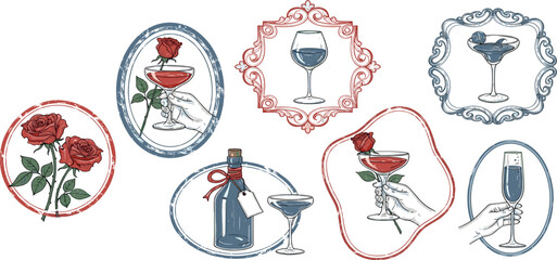 Watercolor wedding frame set vector elegant minimal holiday invitation border, feminine doodle print. Woman hand holding wine glass