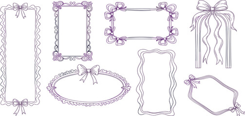 Wedding ribbon frame, doodle watercolor bow border set, vector hand drawn holiday invitation design. Coquettish girly wavy line print
