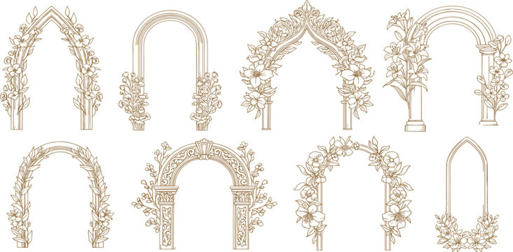 Wedding floral arch frame window set, elegant vector hand drawn invitation border flowers design. Vintage classic anniversary decorative graphic