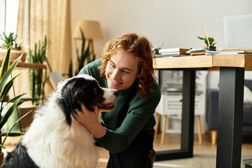 Welcoming joy at home with a handsome young man and his joyful dog companion