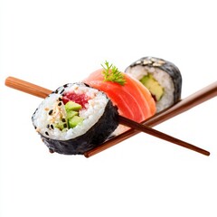 Colorful Sushi Rolls With Chopsticks On White Background