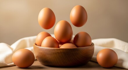 A wooden bowl filled with brown eggs, some floating above, resting on a white cloth.