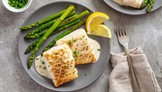 Top View of Pan-Seared Halibut with Asparagus and Lemon on Dark Plate