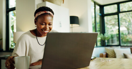 Remote work, black woman or happy with laptop in home for editor feedback, blog review and coffee....