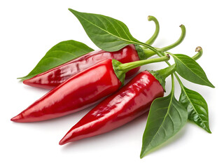 Glossy Red Chili Peppers with Green Leaves – Closeup on White Background