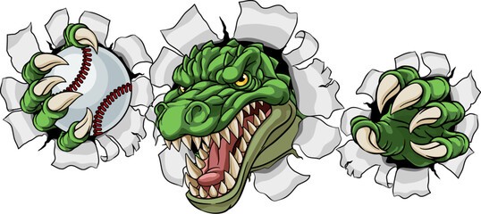 A crocodile, dinosaur or alligator lizard sports mascot holding a baseball ball © Christos Georghiou