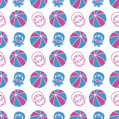 Seamless pattern on a baby theme. Ball and pacifier in pink and blue. White background