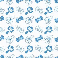 Seamless pattern with children's elements. Rattle and bow in blue. White background