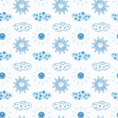 Seamless pattern with children's elements. Sun and cloud in blue. White background