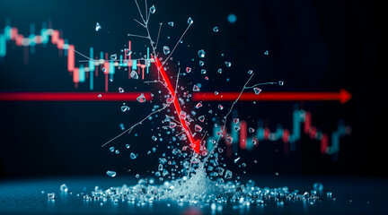 Stock market decline visualization, digital chart depicting downward trend with splashes, ideal for financial analysis or reports.