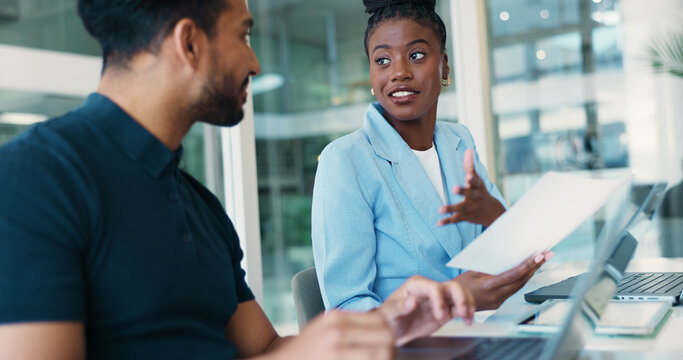 Coworking, laptop and discussion with business people in office for report, research or planning. Tech, idea and document with collaboration in workplace for productivity, information and feedback