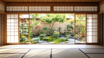 Tranquil Japanese interior with garden view