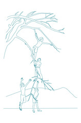 a group of Boys climbing a tree.