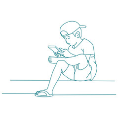 ): child reading his book. He is sitting at his house door.