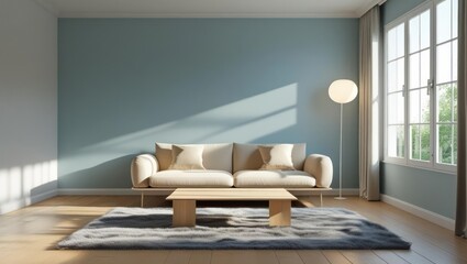 Modern living room with a light beige couch and a wooden coffee table.