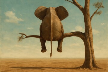 Elephant Perched on a Branch in an Arid Landscape Under a Clear Blue Sky During Daylight Hours