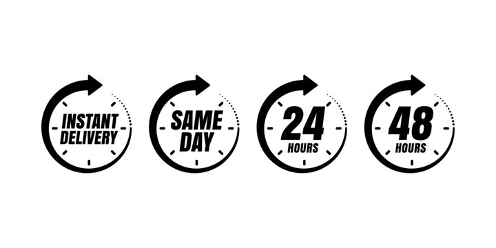 Fast Delivery Icons – Instant, Same Day, 24 Hours, 48 Hours Shipping Clock Symbols